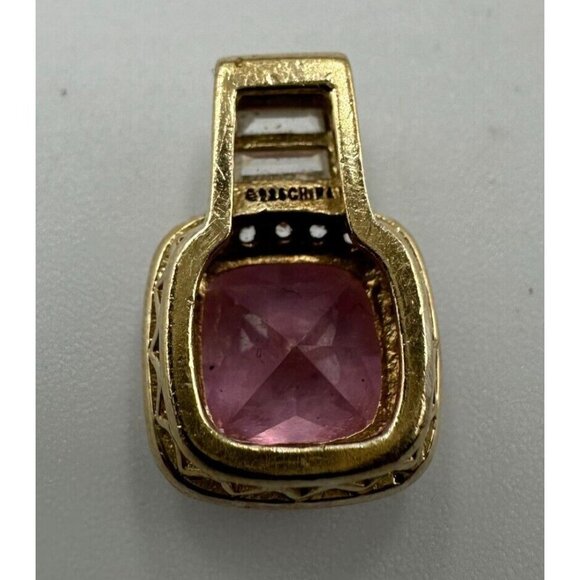 Pink Stone Necklace Pendant Gold Over Sterling Silver CZ Square Halo Setting - Picture 6 of 11